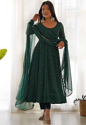 Leheriya Printed Georgette Anarkali Suit in Dark Green