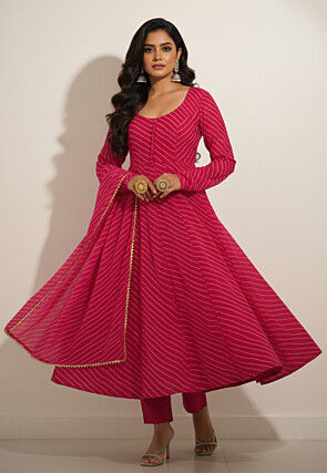 Leheriya Printed Georgette Anarkali Suit in Fuchsia