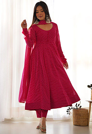 Leheriya Printed Georgette Anarkali Suit in Fuchsia