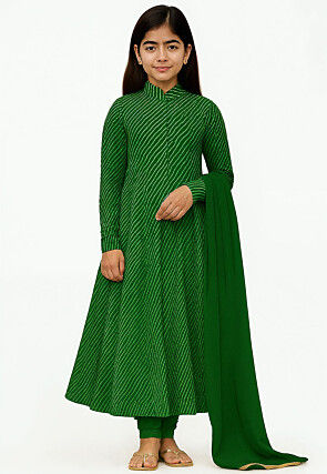 Leheriya Printed Georgette Anarkali Suit in Green