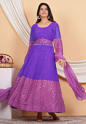 Leheriya Printed Georgette Anarkali Suit in Purple and Light Purple 