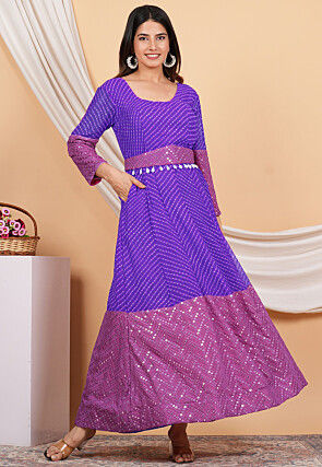 Leheriya Printed Georgette Anarkali Suit in Purple and Light Purple 