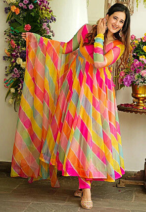 Leheriya Printed Georgette Anarkali Suit in Multicolor