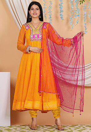 Leheriya Printed Georgette Anarkali Suit in Mustard