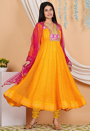Leheriya Printed Georgette Anarkali Suit in Mustard