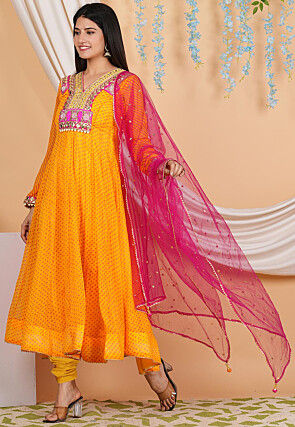 Leheriya Printed Georgette Anarkali Suit in Mustard