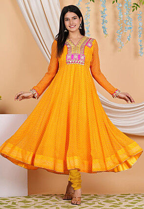Leheriya Printed Georgette Anarkali Suit in Mustard