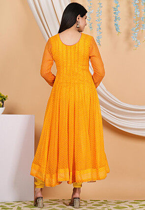 Leheriya Printed Georgette Anarkali Suit in Mustard