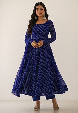 Leheriya Printed Georgette Anarkali Suit in Navy Blue