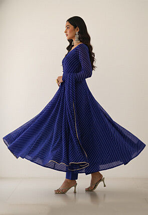 Leheriya Printed Georgette Anarkali Suit in Navy Blue