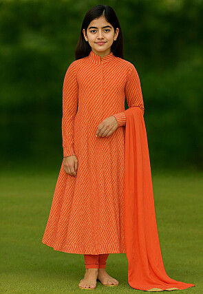 Leheriya Printed Georgette Anarkali Suit in Orange