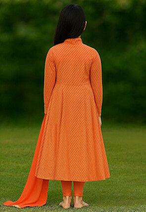 Leheriya Printed Georgette Anarkali Suit in Orange