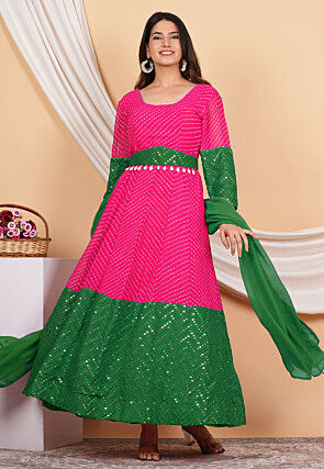 Leheriya Printed Georgette Anarkali Suit in Pink and Green