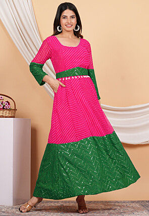 Leheriya Printed Georgette Anarkali Suit in Pink and Green