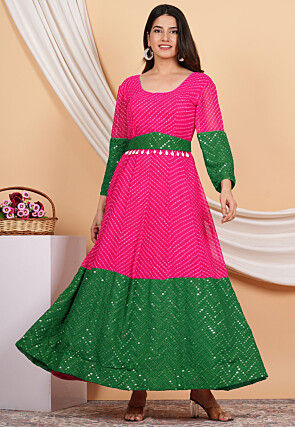Leheriya Printed Georgette Anarkali Suit in Pink and Green
