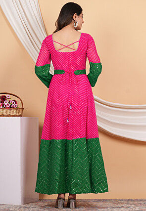 Leheriya Printed Georgette Anarkali Suit in Pink and Green