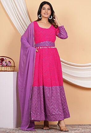 Leheriya Printed Georgette Anarkali Suit in Pink and Purple