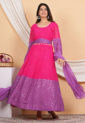 Leheriya Printed Georgette Anarkali Suit in Pink and Purple
