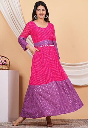 Leheriya Printed Georgette Anarkali Suit in Pink and Purple