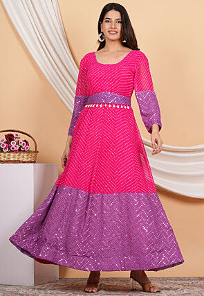 Leheriya Printed Georgette Anarkali Suit in Pink and Purple