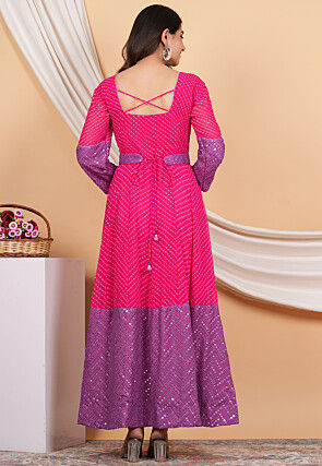 Leheriya Printed Georgette Anarkali Suit in Pink and Purple
