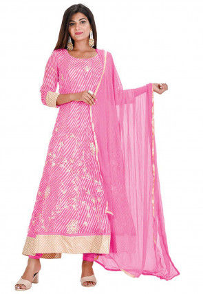 Leheriya Printed Georgette Anarkali Suit in Pink