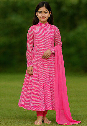 Leheriya Printed Georgette Anarkali Suit in Pink