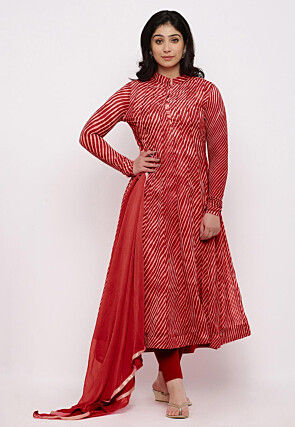 Leheriya Printed Georgette Anarkali Suit in Red