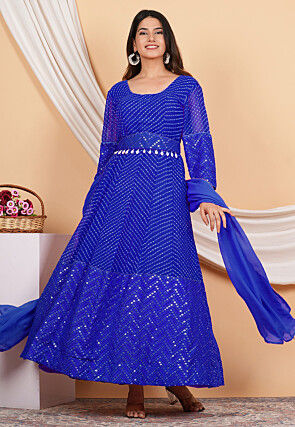 Leheriya Printed Georgette Anarkali Suit in Royal Blue