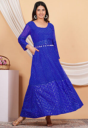 Leheriya Printed Georgette Anarkali Suit in Royal Blue