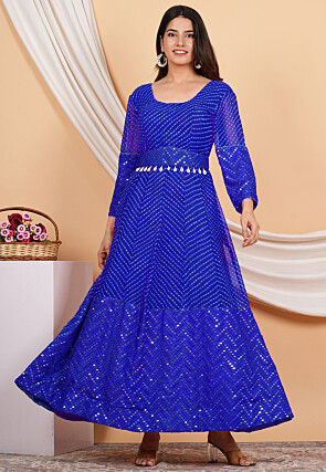 Leheriya Printed Georgette Anarkali Suit in Royal Blue