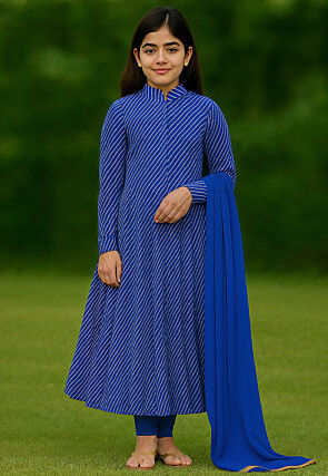 Leheriya Printed Georgette Anarkali Suit in Royal Blue