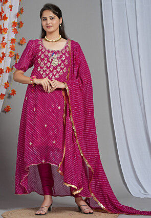 Leheriya Printed Georgette Asymmetric A Line Suit in Fuchsia
