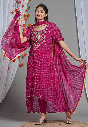 Leheriya Printed Georgette Asymmetric A Line Suit in Fuchsia