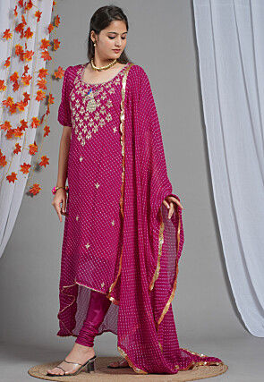 Leheriya Printed Georgette Asymmetric A Line Suit in Fuchsia