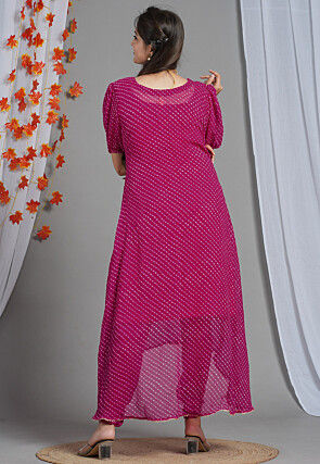 Leheriya Printed Georgette Asymmetric A Line Suit in Fuchsia