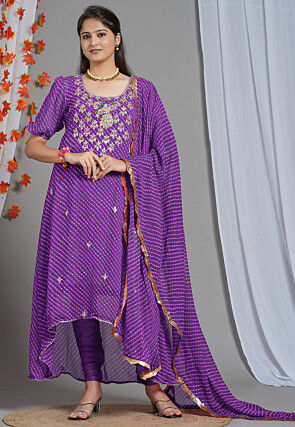 Leheriya Printed Georgette Asymmetric A Line Suit in Purple