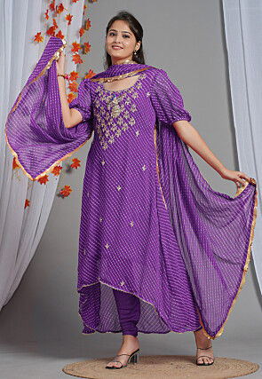 Leheriya Printed Georgette Asymmetric A Line Suit in Purple