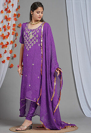 Leheriya Printed Georgette Asymmetric A Line Suit in Purple