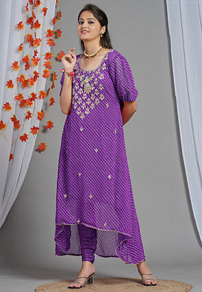 Leheriya Printed Georgette Asymmetric A Line Suit in Purple