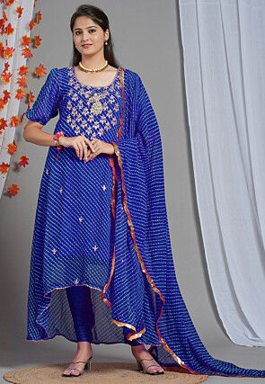 Leheriya Printed Georgette Asymmetric A Line Suit in Royal Blue