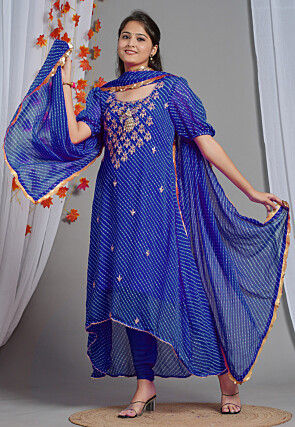 Leheriya Printed Georgette Asymmetric A Line Suit in Royal Blue