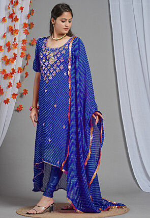 Leheriya Printed Georgette Asymmetric A Line Suit in Royal Blue