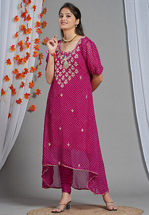 Leheriya Printed Georgette Asymmetric Kurta in Fuchsia