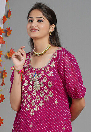 Leheriya Printed Georgette Asymmetric Kurta in Fuchsia