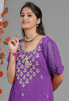 Leheriya Printed Georgette Asymmetric Kurta in Purple