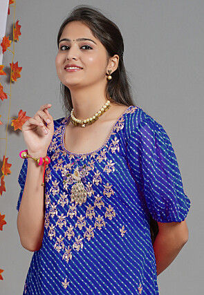 Leheriya Printed Georgette Asymmetric Kurta in Royal Blue
