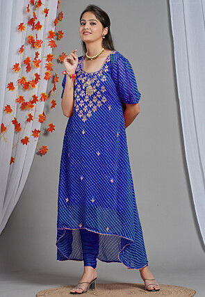 Leheriya Printed Georgette Asymmetric Kurta Set in Royal Blue