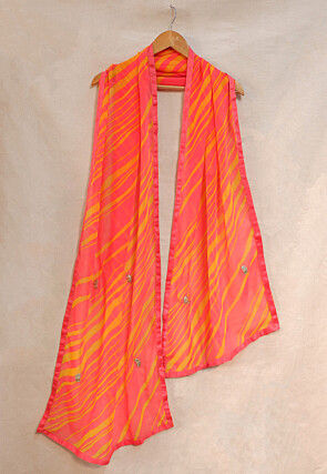 Leheriya Printed Georgette Dupatta in Coral Pink and Yellow