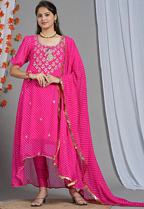 Leheriya Printed Georgette Dupatta in Fuchsia